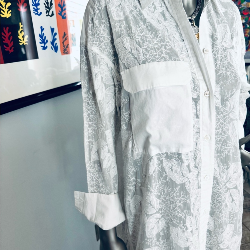 Zara - White Sheer Floral Button-Up Dress/Duster - Sheer Unique Design - Picture 8 of 15